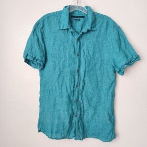 Perry Ellis 100% Linen Short Sleeve Button Down Turquoise  Shirt Mens S